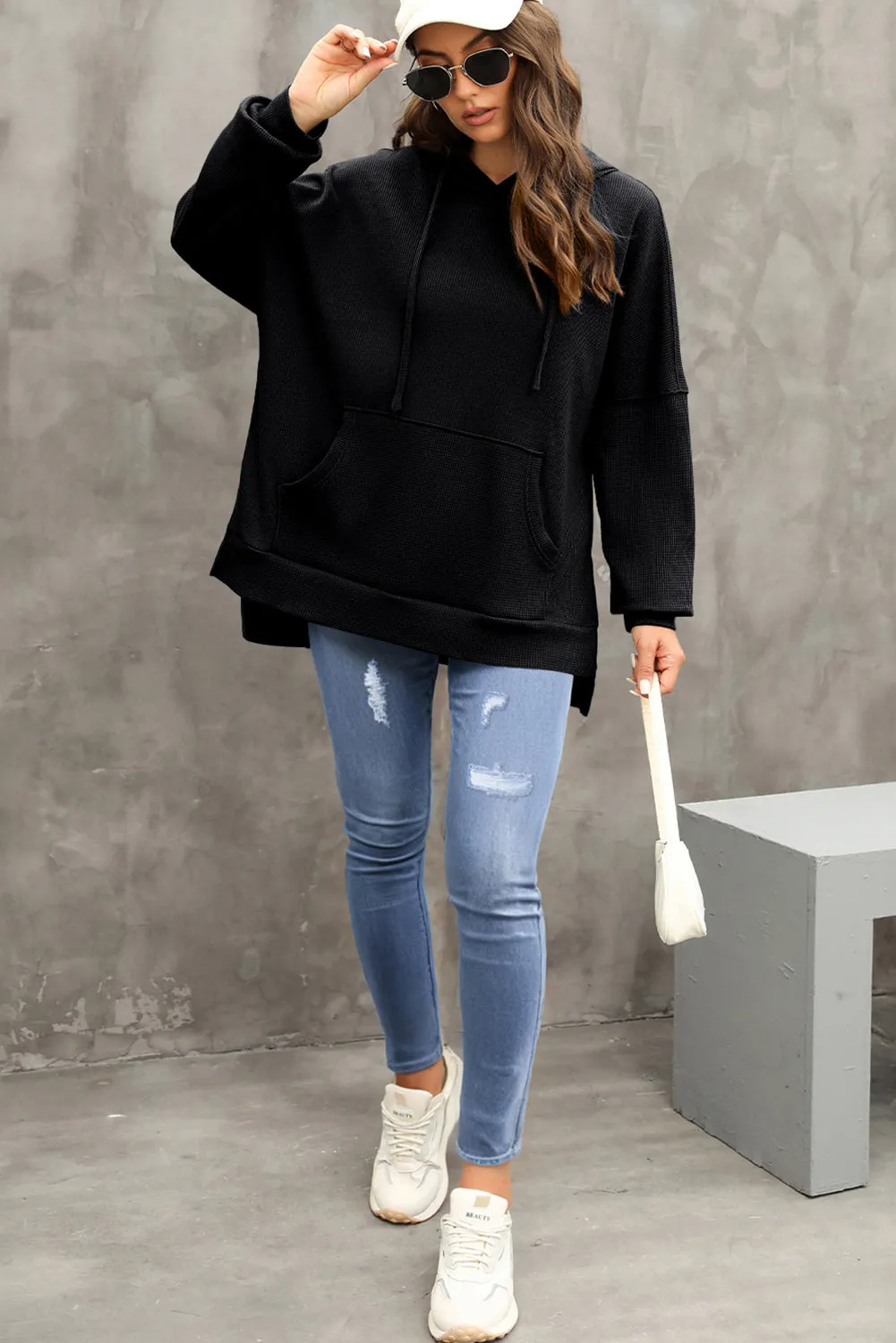 Black Waffle Knit Fleece Lined High Low Oversized Hoodie