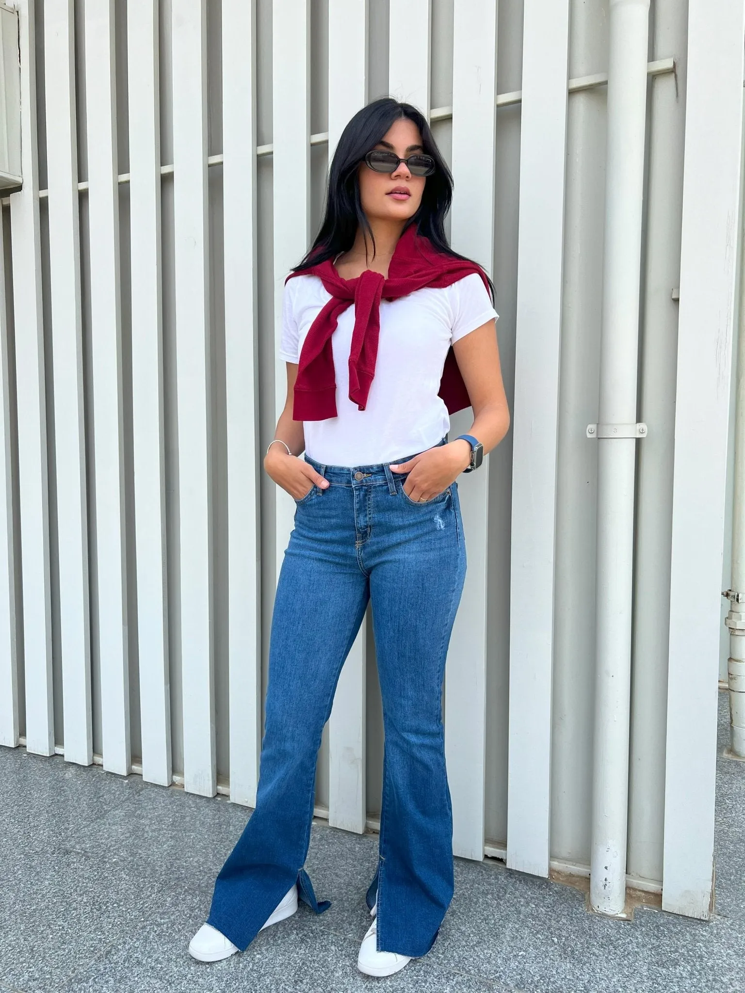 Dark Blue Split Hem Flared Jeans.