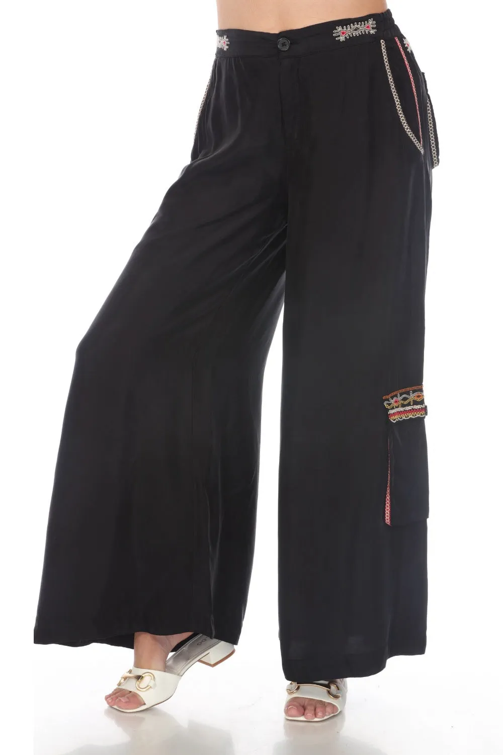 Johnny Was Biya Embroidered Cargo Palazzo Pants B67724 Boho Chic *