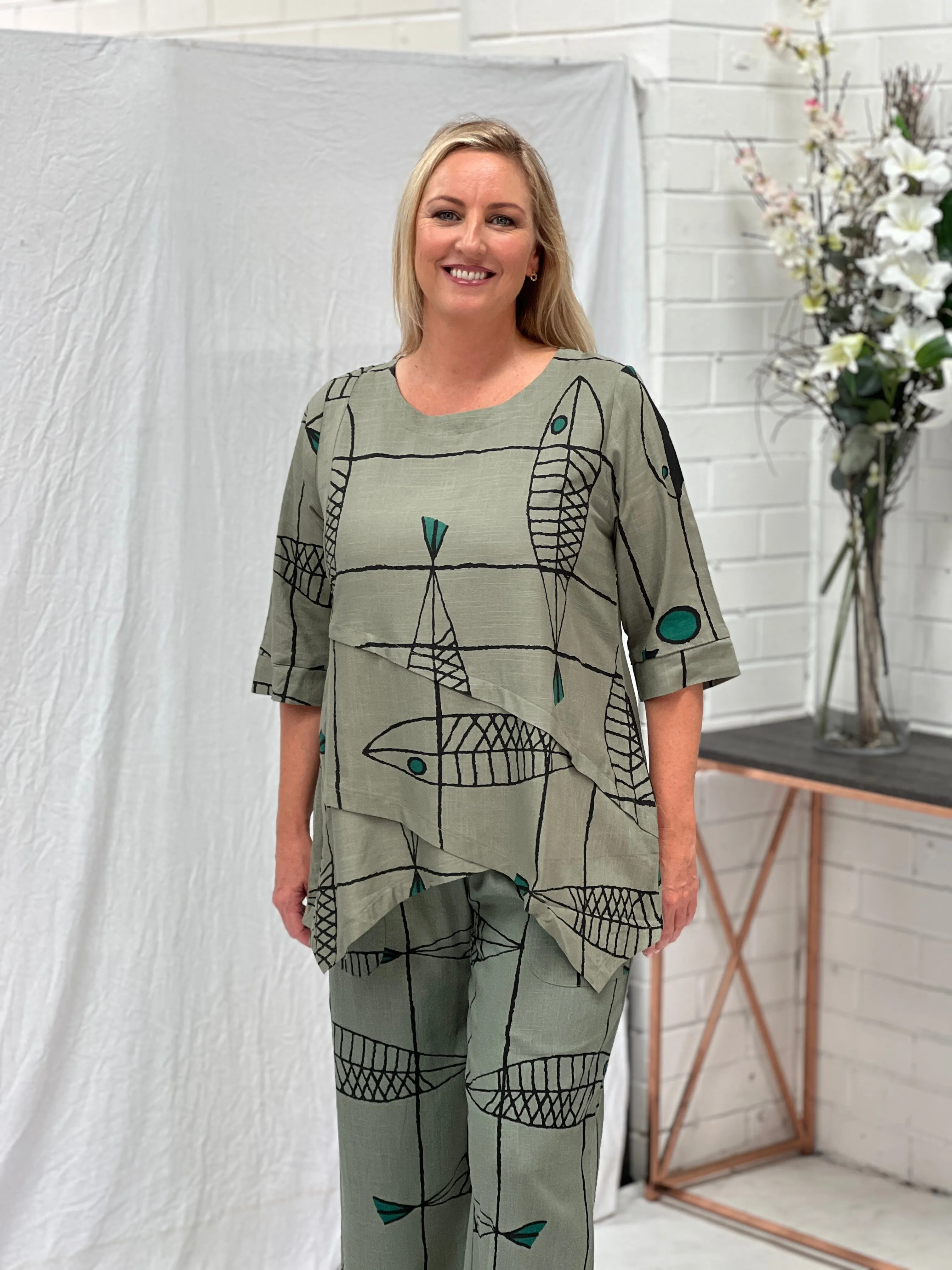 Karla Fishbone Khaki Linen Top