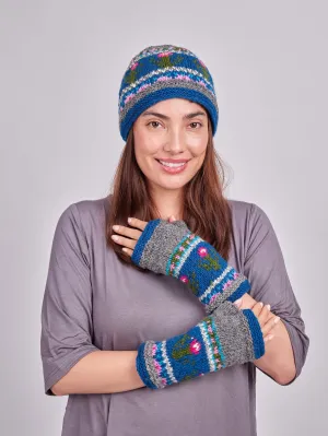 Knit Blue Flora Beanie  & Handwarmer.
