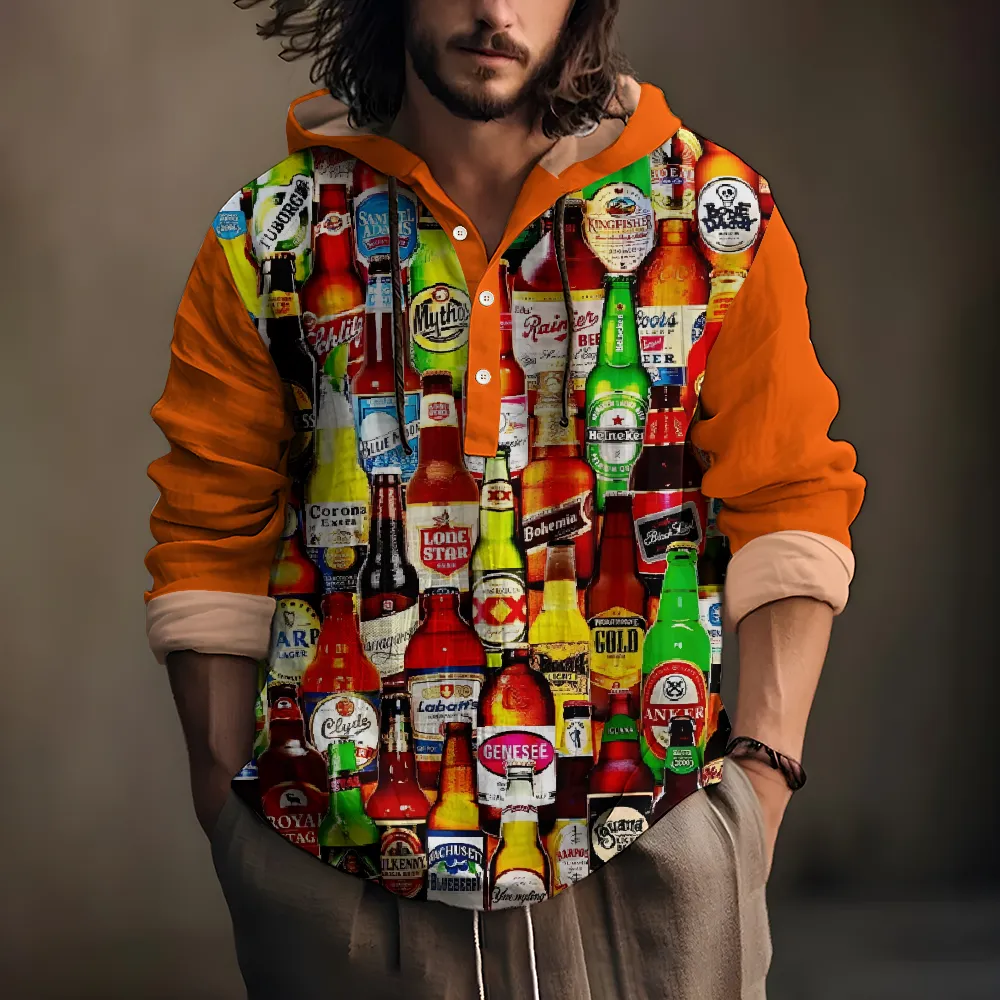 Men's beer print hooded long-sleeved shirt