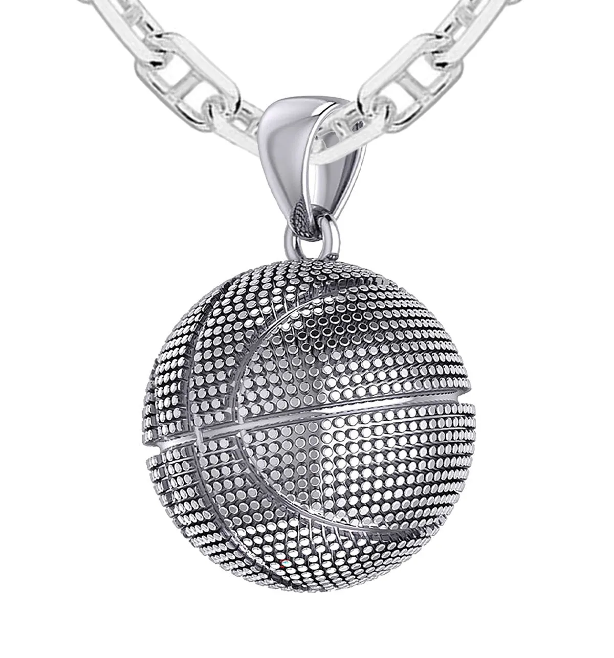 Men's Large 925 Sterling Silver Textured Basketball Sports Pendant Necklace, 18.5mm