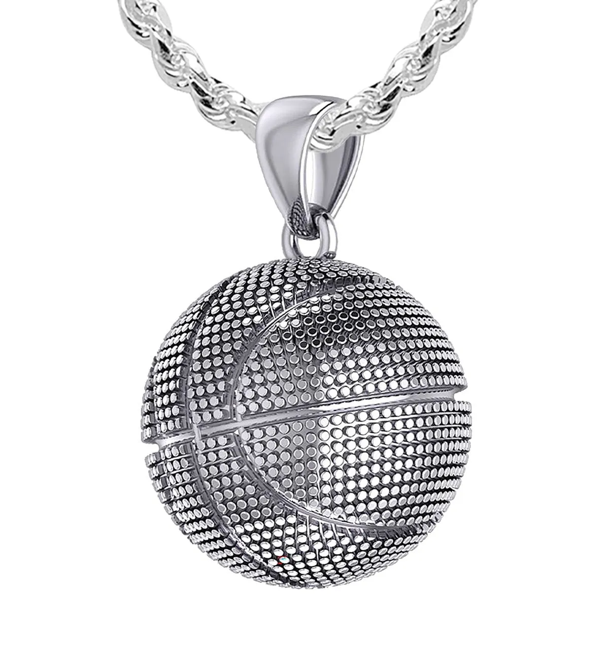 Men's Large 925 Sterling Silver Textured Basketball Sports Pendant Necklace, 18.5mm