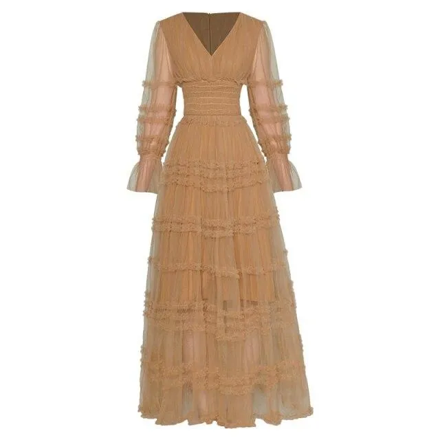 Mesh ruffle Elastic waist Slim elegant long dress