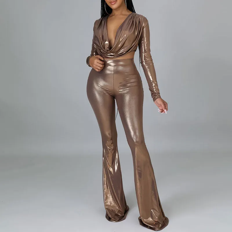 Solid Deep V-Neck Long Sleeve Crop Top & Bell Bottomed Pants Set