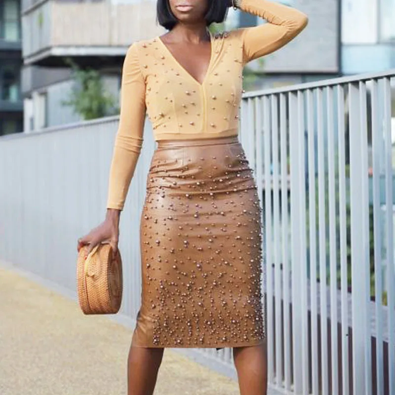Solid PU Beaded Back Split Skirt
