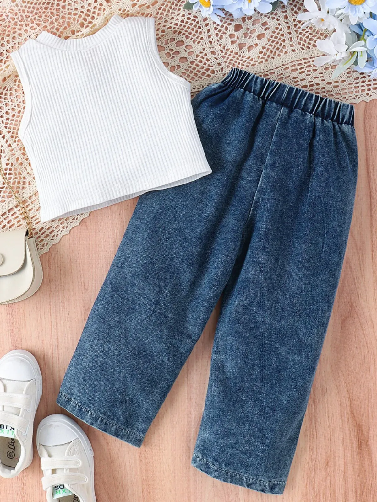 Stay Cute Rib Knit Top and Painted Jeans Set