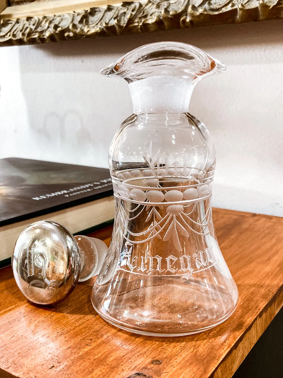 Vintage Cut Crystal Etched Sterling Silver Stopper Oil Vinegar Cruet Jar