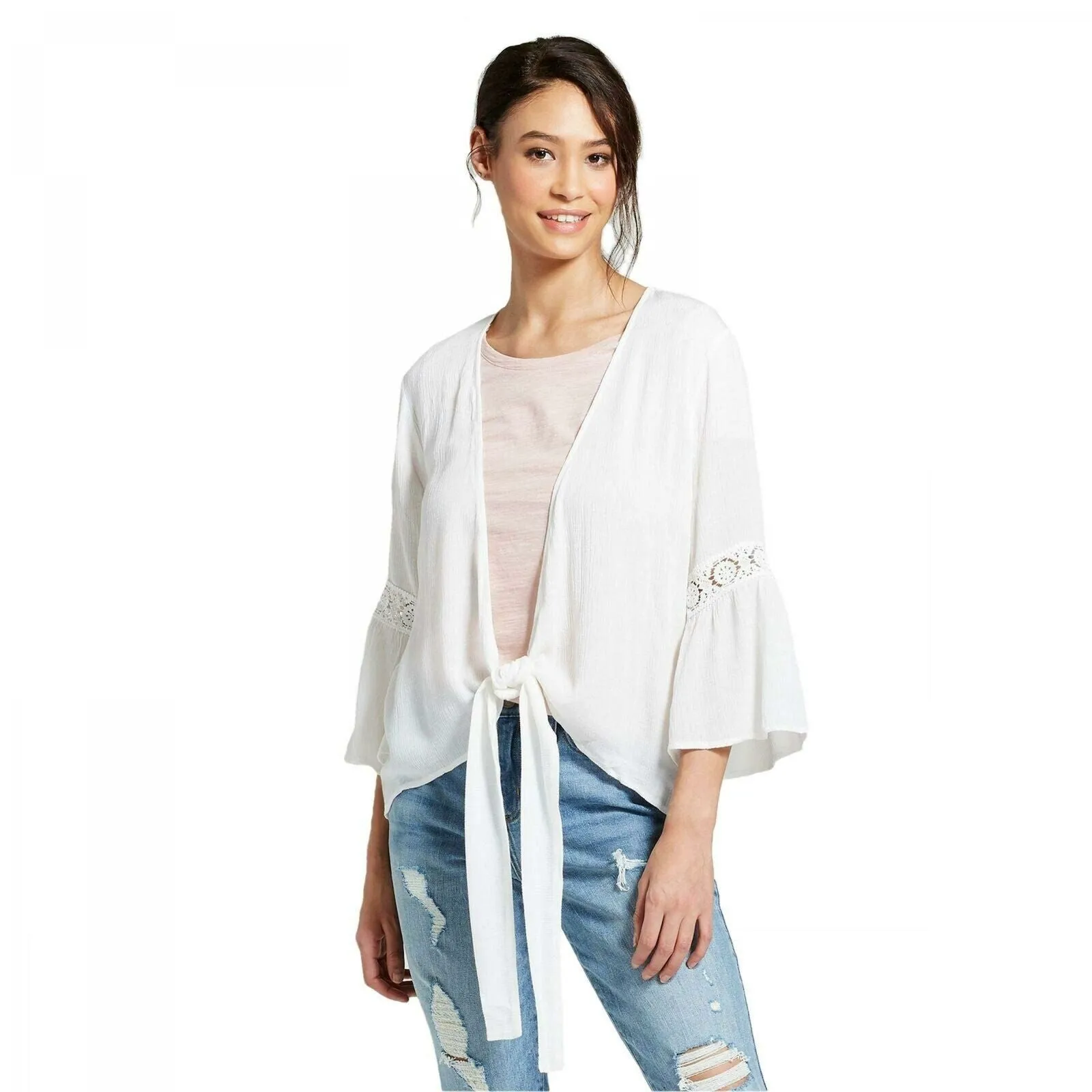 Xhilaration Women's Long Bell Sleeve Crochet Accents Tie Front Kimono